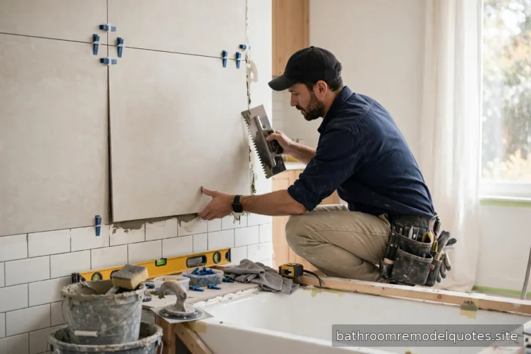 Contractor installing large-format tile in a bright bathroom renovation in 2026, with tools and tile spacers visible