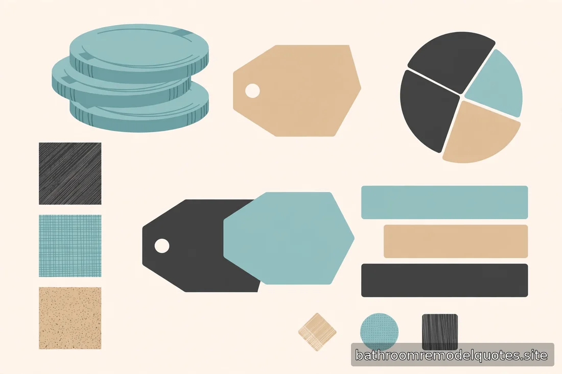 Flat editorial illustration in teal, sand, and charcoal showing abstract cost and material shapes with no readable text