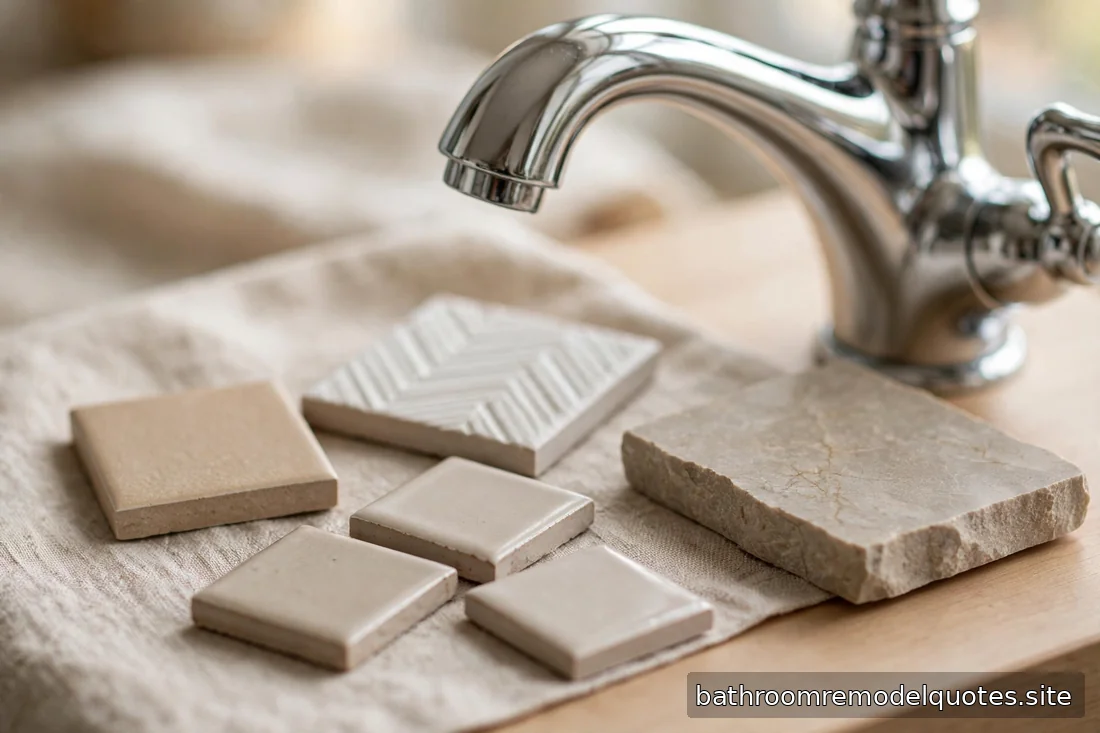 Close-up of bathroom tile and chrome fixture material samples arranged on a counter in natural light