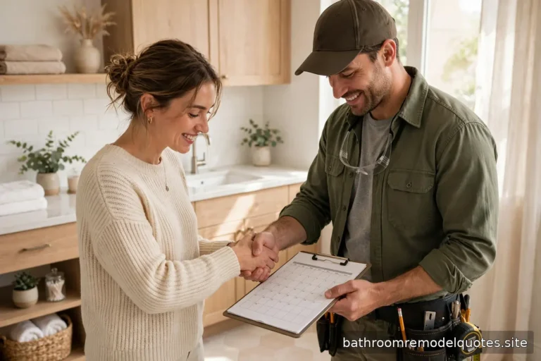 Homeowner shaking hands with a contractor in a bright bathroom while reviewing a project calendar together