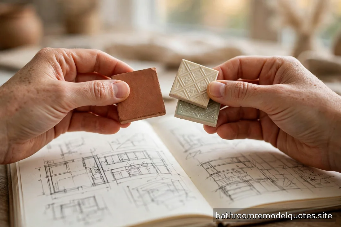 Close-up of hands holding tile samples over an open notebook with renovation plans in soft daylight
