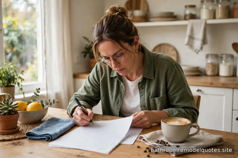 Homeowner reading a home improvement contract closely at a bright kitchen table with coffee, pen in hand