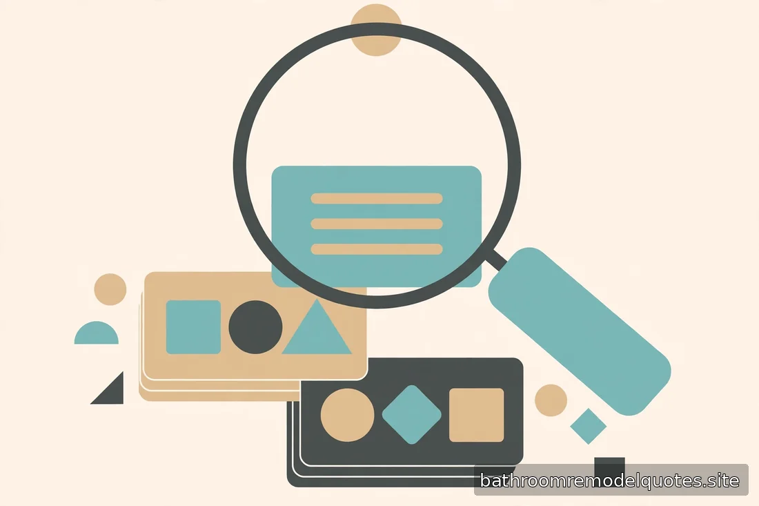 Flat editorial illustration in teal, sand, and charcoal showing abstract magnifying glass and document shapes with no readable text