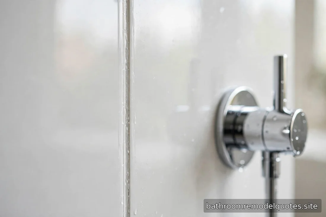 Close-up detail of a glossy acrylic bathtub wall panel seam and chrome fixture in soft daylight