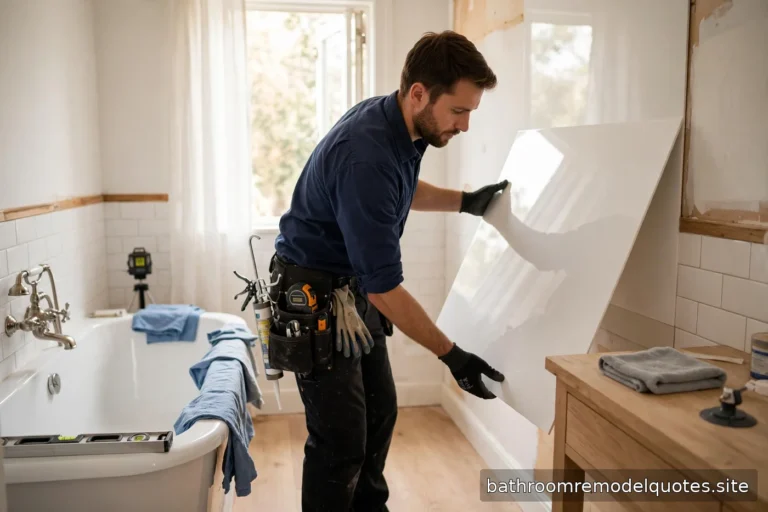 Installer fitting a glossy white acrylic wall panel over a bathtub in a bright bathroom during a one-day remodel