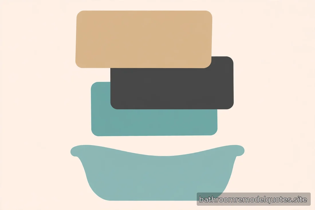 Flat editorial illustration in teal, sand, and charcoal showing abstract bathtub and wall panel shapes with no readable text
