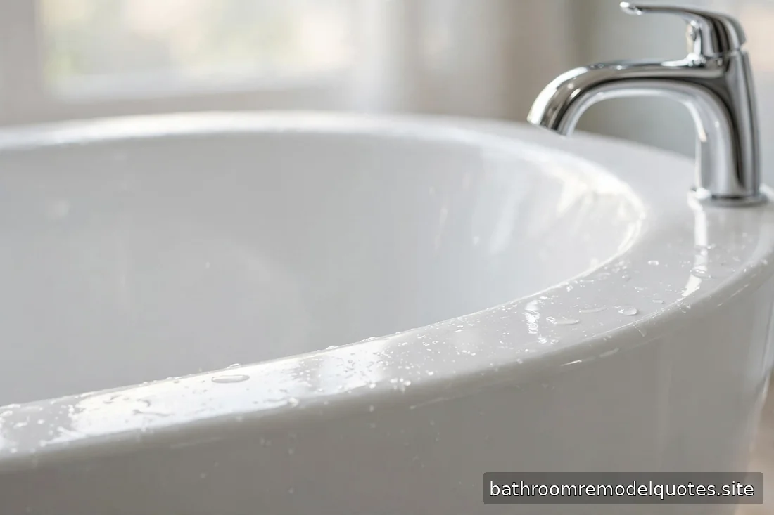 Close-up of a smooth acrylic bathtub surface with modern chrome faucet in soft natural daylight